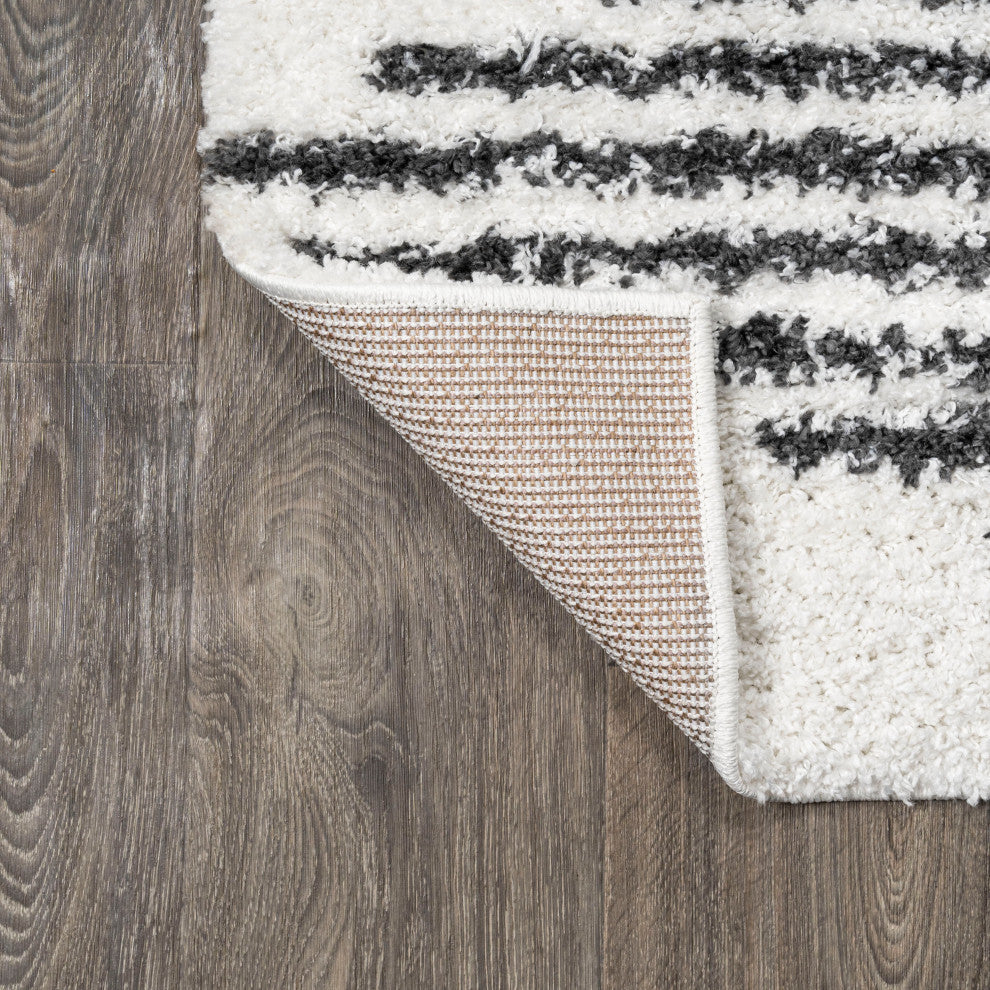 Elm Diamond Stripe Geometric Shag, White/Black, 2 X 10