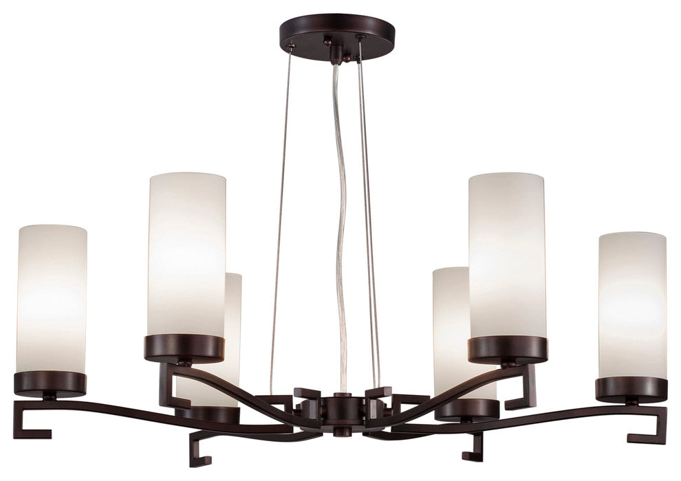6 Light Chandelier, Antique Bronze, Satin Opal Glass