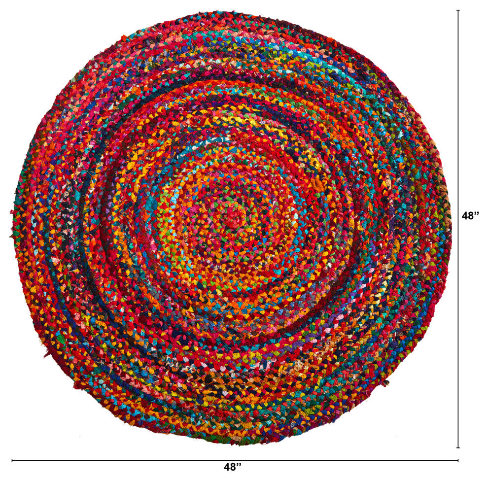 4' x 4' Hand Braided Boho Colorful Chindi Round Rug
