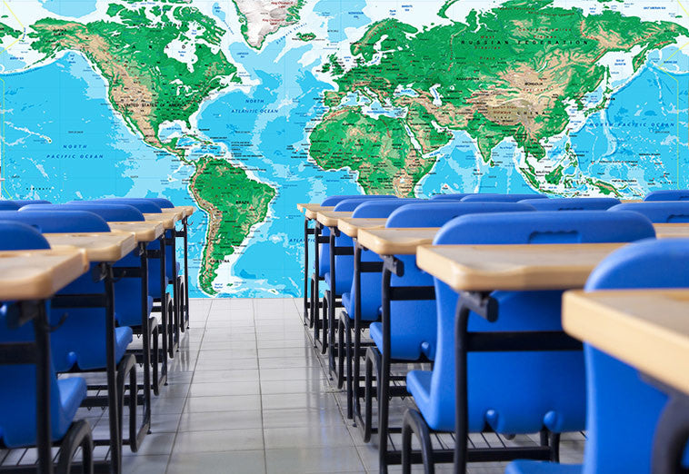 World Map Wall Mural, Topography, 8 panel,  166"x112"