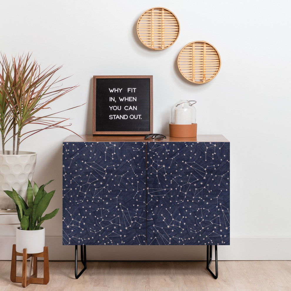 Deny Designs Nights Sky, Navy Credenza, Walnut, Black Steel legs