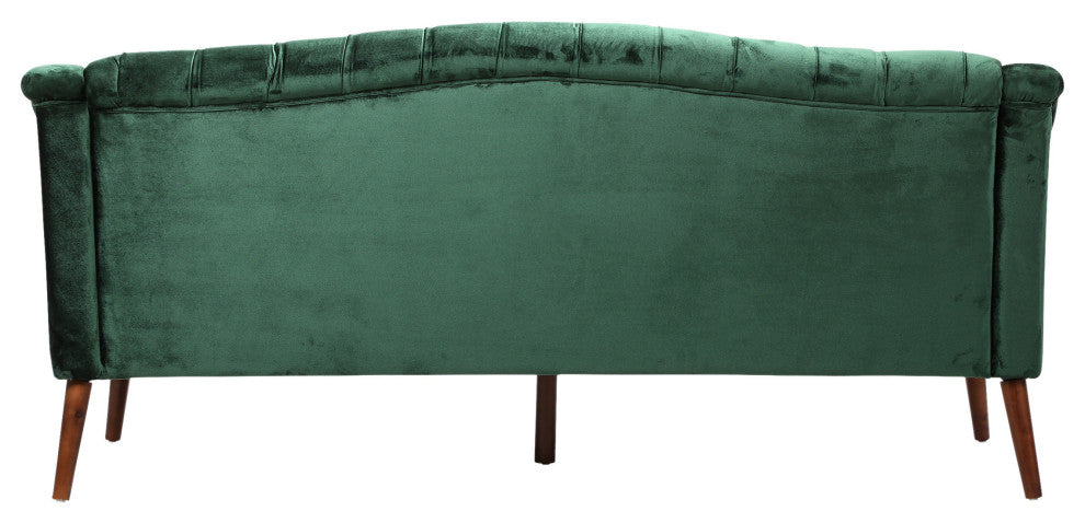 Esther Modern Glam Tufted Velvet 3 Seater Sofa, Emerald, Walnut Finish