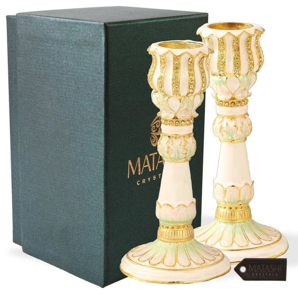 Shabbat Candlestick (2-Piece Set) Hand-Painted  Gold-Plated Pewter