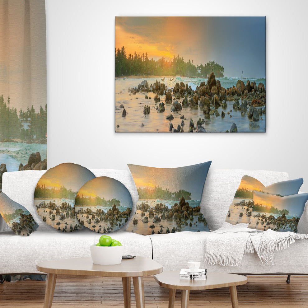 Romantic Untouched Beach Sunset Landscape Printed Throw Pillow, 16"x16"