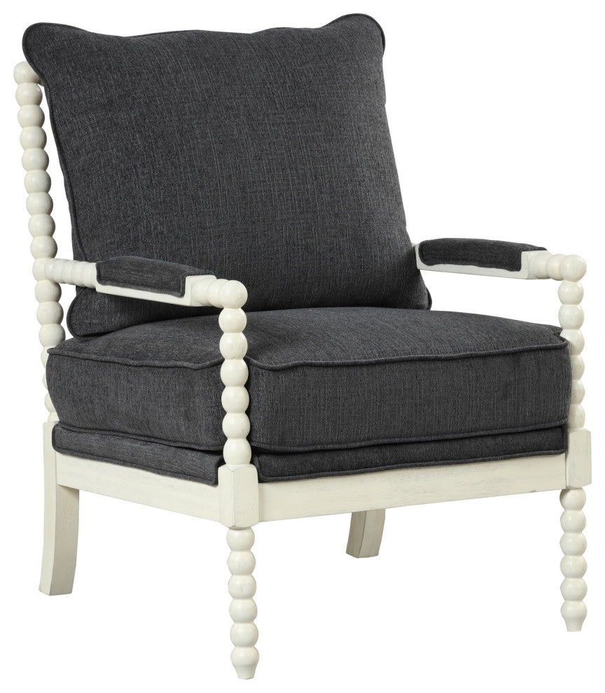 Hanako Transitional Accent Chair with Cushioned Wooden Arms, Charcoal/Off White