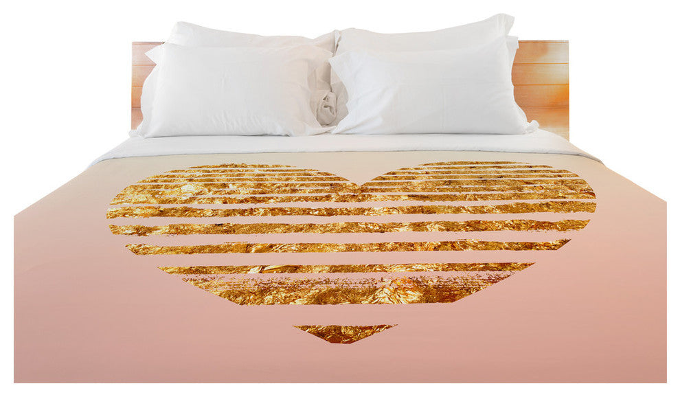 Gold Striped Heart, Pink Cream Gold Lightweight Full Queen Duvet Cover