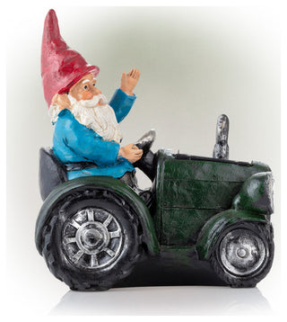 Solar Green Tractor Riding Gnome with Cool White LED Lights