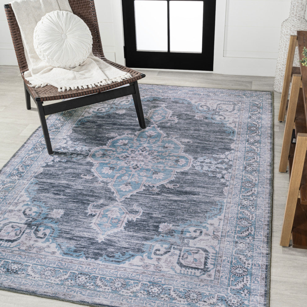 Wincer Chenille Cottage Medallion Washable Rug, Gray/Blue/White, 8 X 10