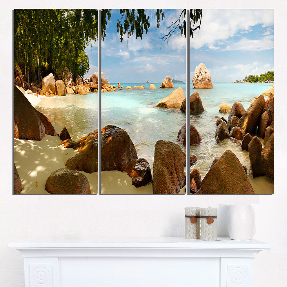 "Tropical Rocky Beach Panorama" Metal Wall Landscape, 3 Panels, 36"x28"