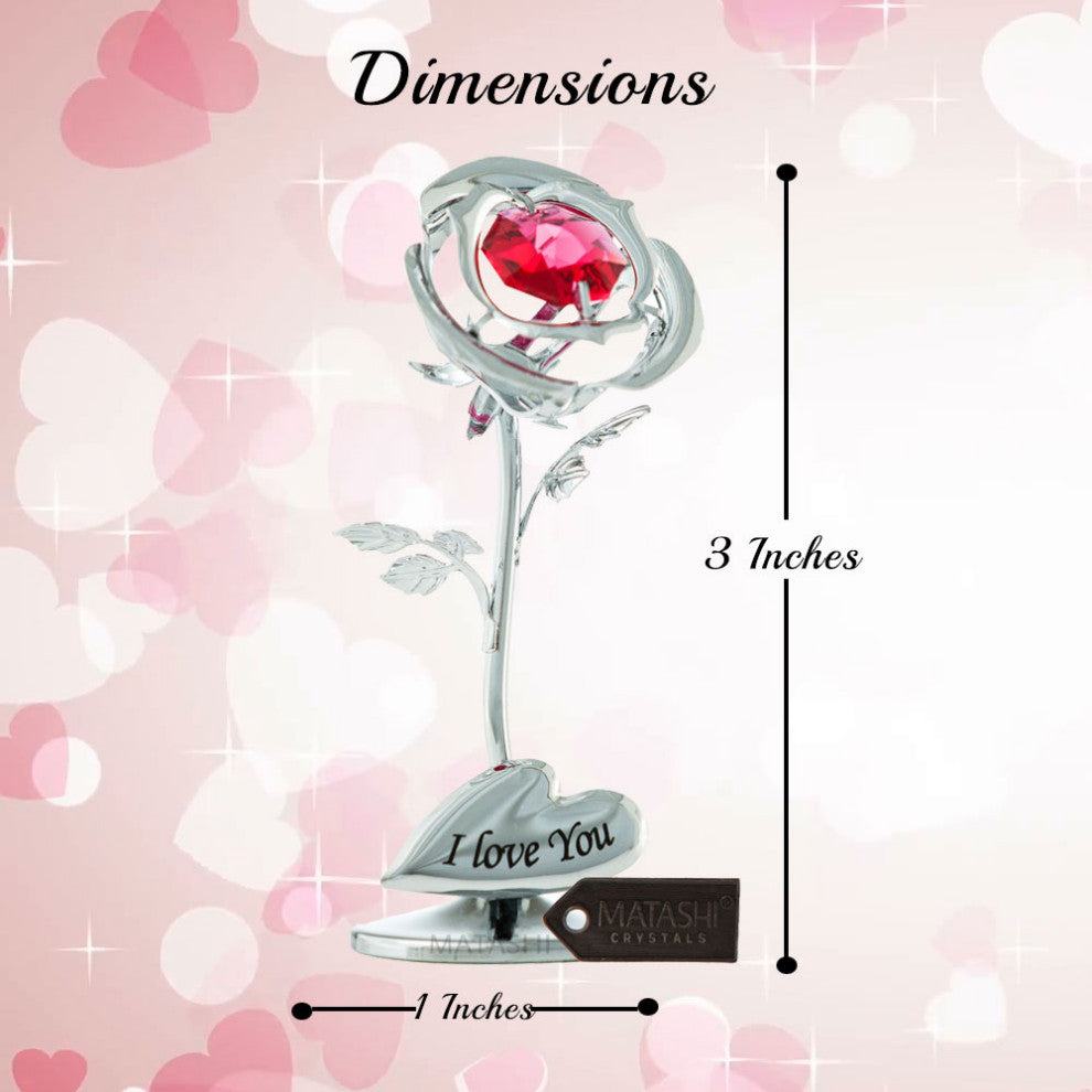 Matashi Chrome Plated Silver Rose Flower Tabletop Ornament With Red Crystals