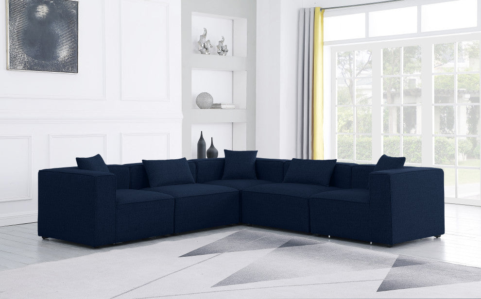Cube Upholstered Modular Sectional, Navy, 5-Piece: 2 Armless Chair, 3 Corner Chair, Linen Texured Fabric