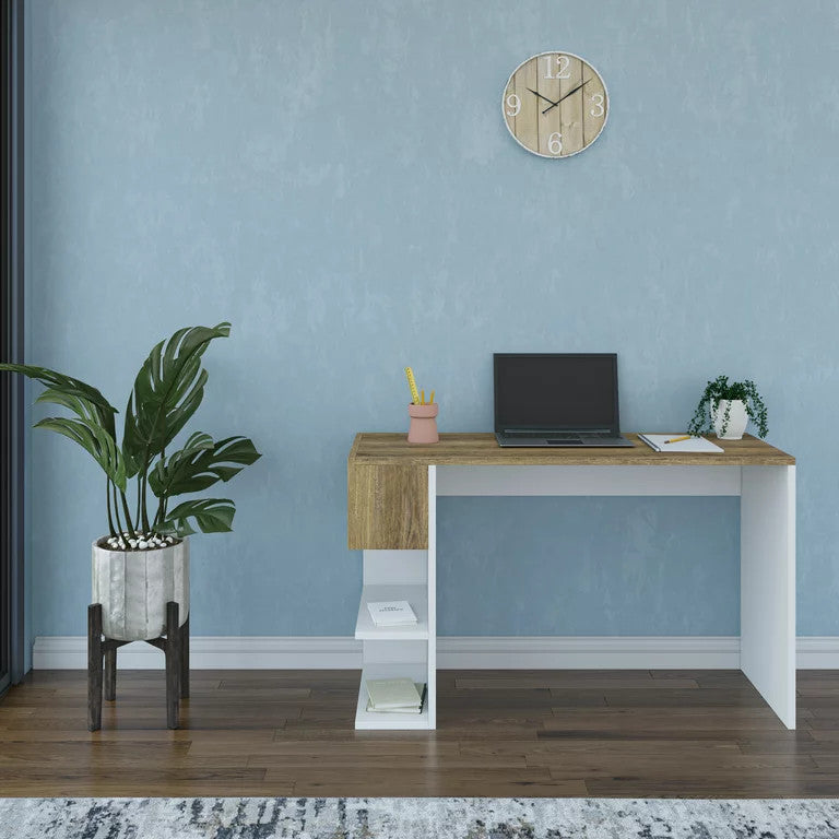 Modern Desk, 3 Built In Open Shelves & Walnut Top With Flip Down Door, White