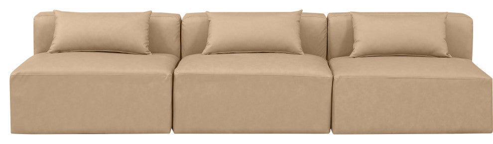 Cube Upholstered Modular Sofa, Tan, 3-Piece: 3 Armless Chair, Vegan Leather