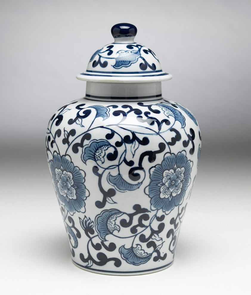 Blue and White Ginger Jar With Lid