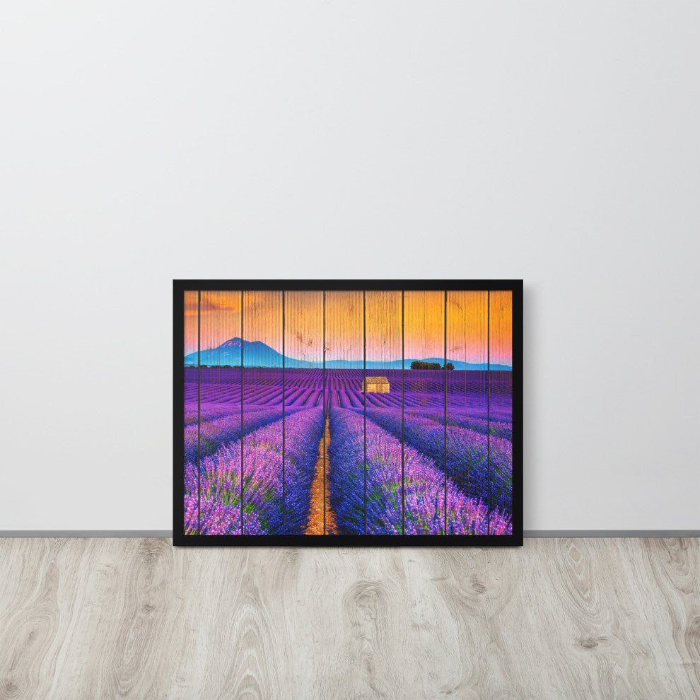 Faux Wood Lavender Fields and Sunset Landscape Framed Photo Paper Wall Art Print, Black, 18" X 24"