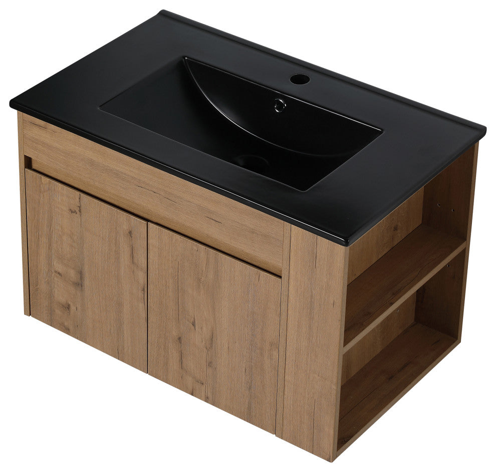 30 inch Wood Wall-Mounted Bathroom Vanity Set with Integrated Resin Sink, Imitative Oakï¼Œblack