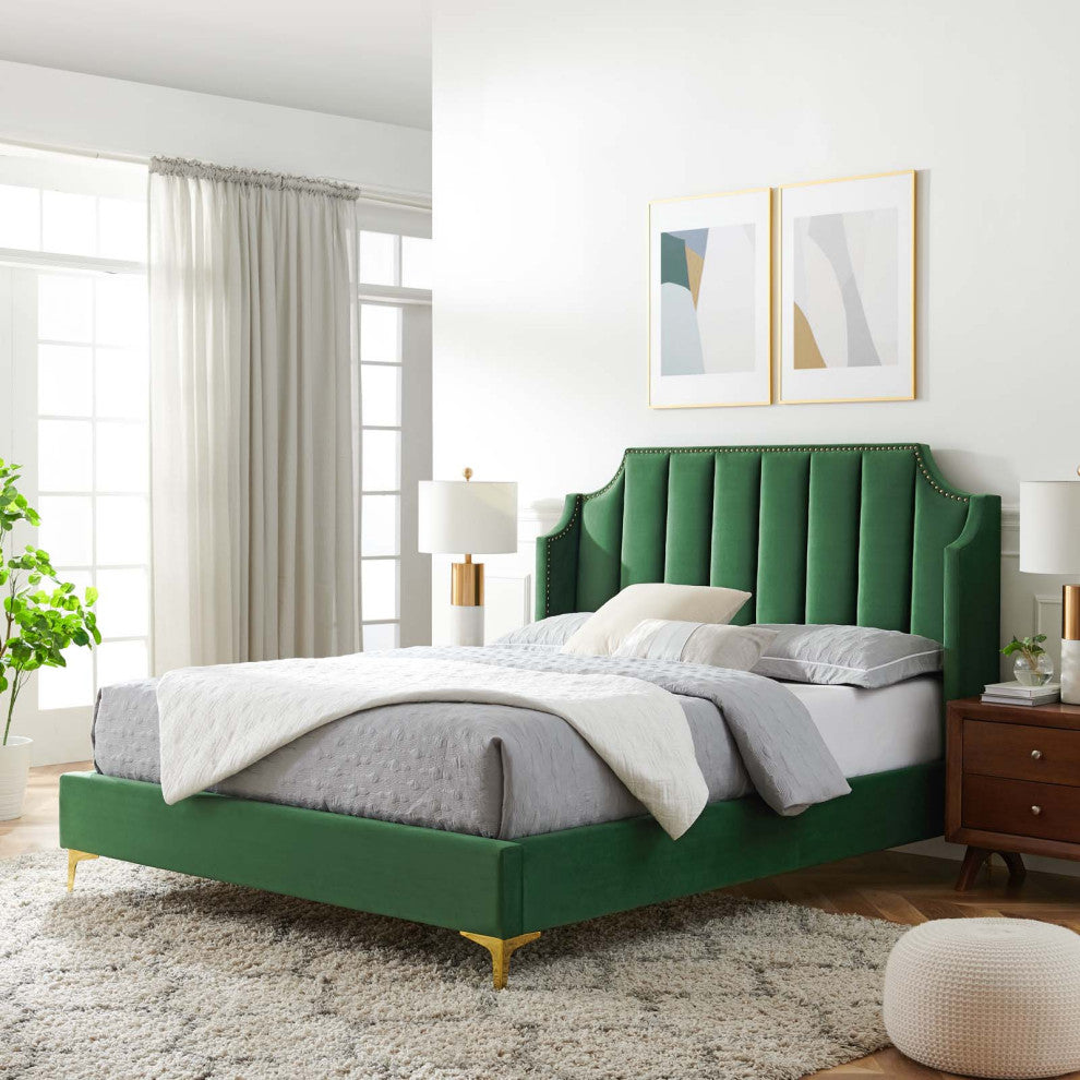 Platform Bed Frame, Queen Size, Velvet, Green, Modern Contemporary, Bedroom