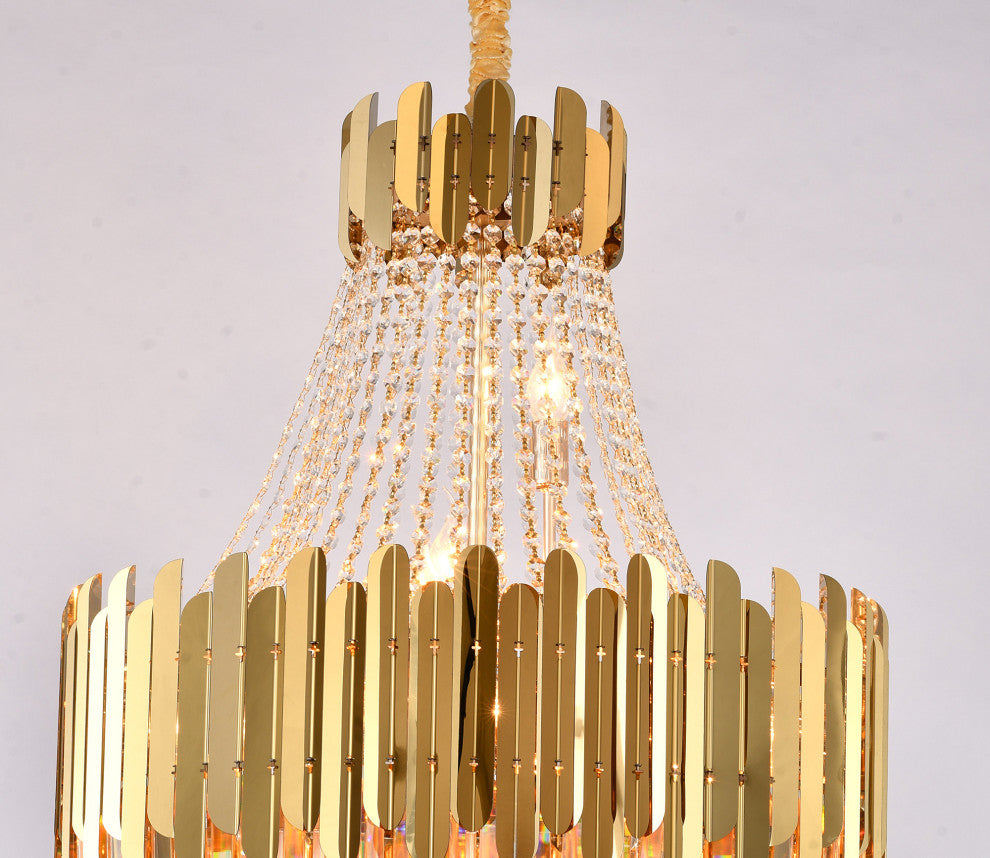 15-Light Gold Stainless Steel Chandelier With Clear Crystals