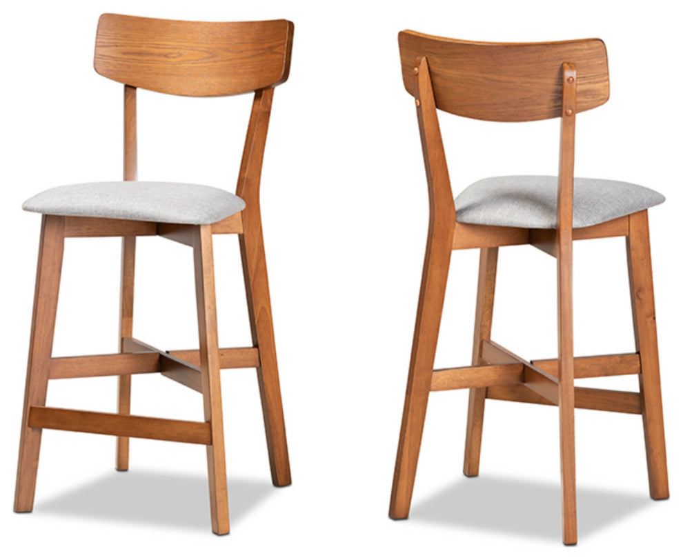 Gray Fabric Upholstered and Walnut Brown Finished Wood Counter Stool, Set of 2