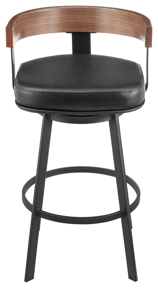 Idris Swivel Stool, Black/Walnut Finish & Black Faux Leather, Bar, 30"
