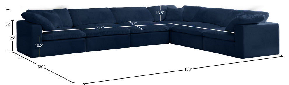 Cozy Velvet Upholstered Comfort L-Shaped Modular Sectional, Navy, 6-Piece: 3 Armless Chair, 3 Corner Chair