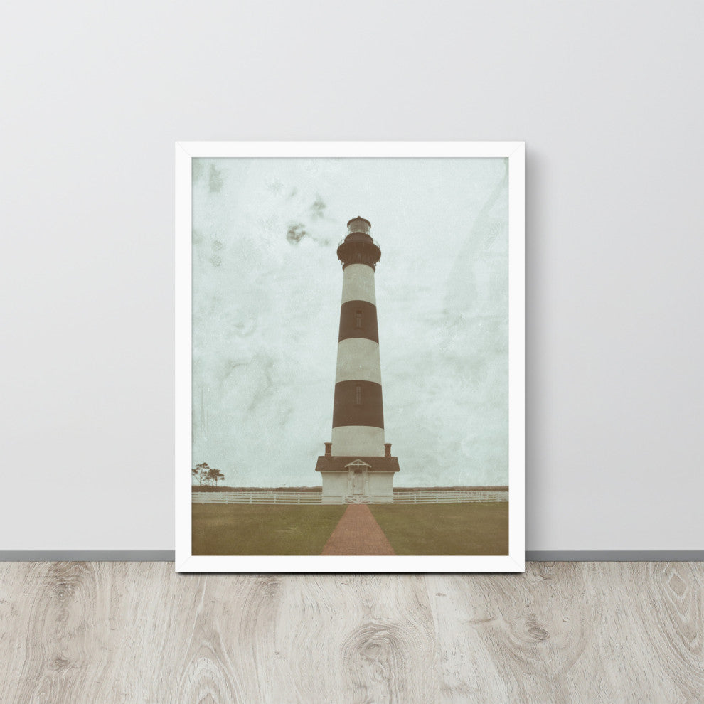 Aged Bodie Lighthouse Landscape Framed Photo Paper Wall Art Prints, White, 16" X 20"