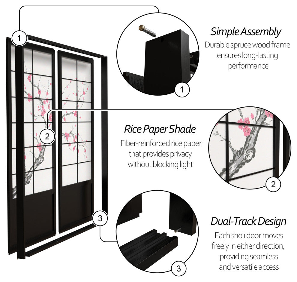 7'' Tall Cherry Blossom Shoji Sliding Door Kit, Black