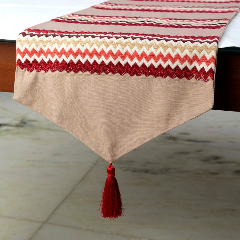 Table Runner Red Linen Silk 14"x48" Tassels Beaded Applique, Chevron Bar