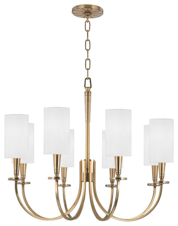 Mason, Eight Light Chandelier, Aged Brass Finish, White Faux Silk Shade
