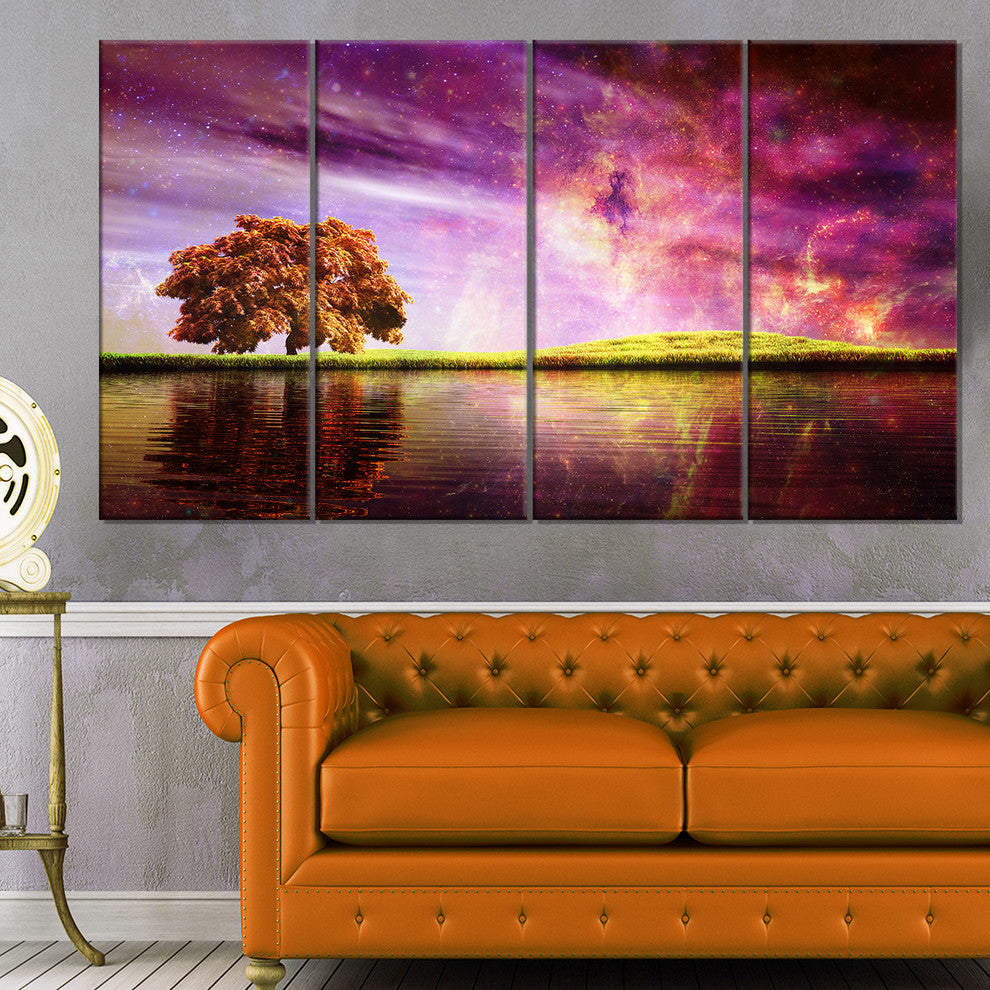Magic Night with Colorful Clouds, Landscape Canvas Art Print, 48"x28", 4 Panels