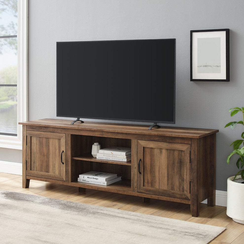 Farmhouse TV Stand, 2 Grooved Cabinet Doors and Open Shelf, Reclaimed Barnwood