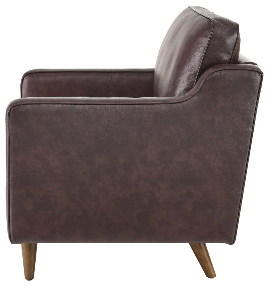 Armchair Accent Chair, Brown, Leather, French, Mid Century Hotel Lounge Cafe
