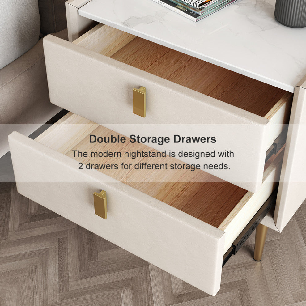2 Drawers Nightstand PU Leather Bedside Table Nightstand with Gold Metal Legs