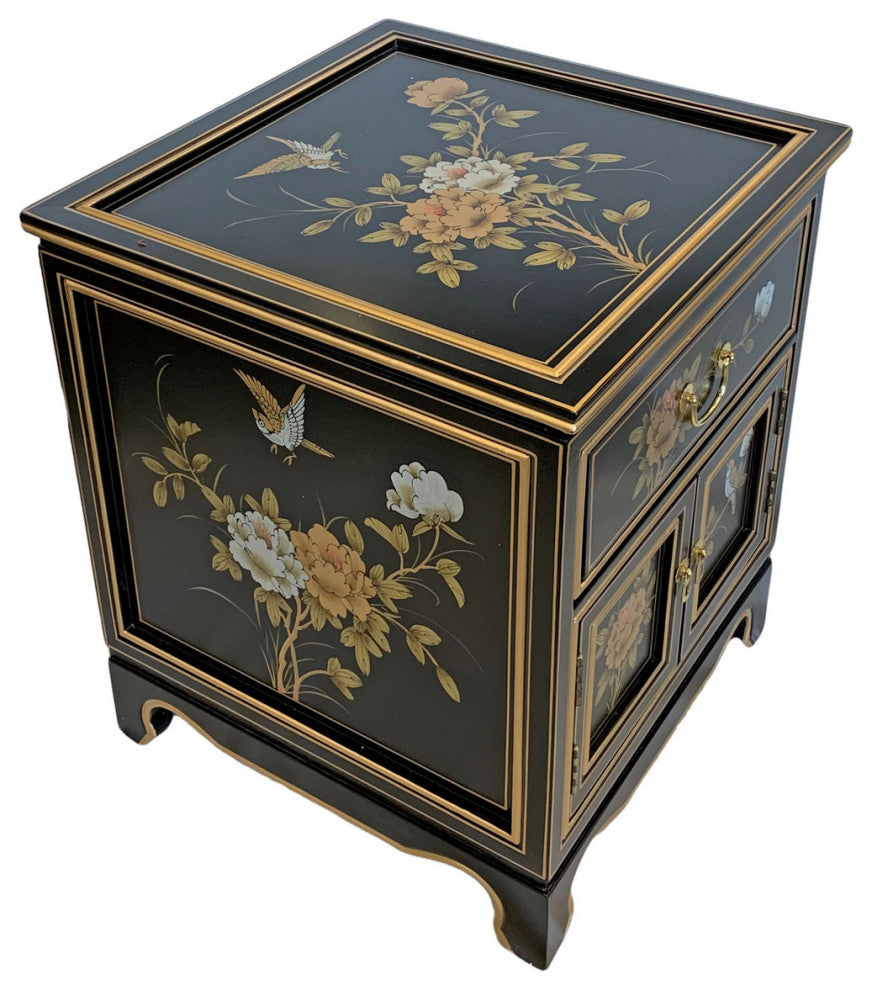 Black Lacquer Oriental Commode Hand Painted Floral