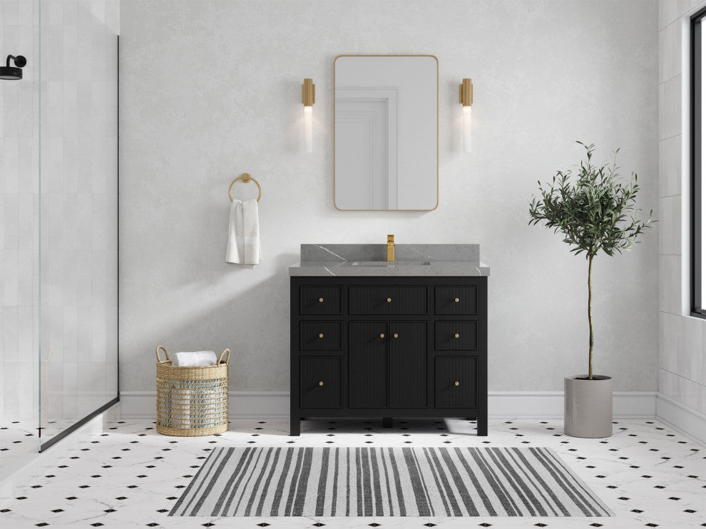 Sonoma 42 Single Sink Reeded Bath Vanity in Black 2" Piatra Gray