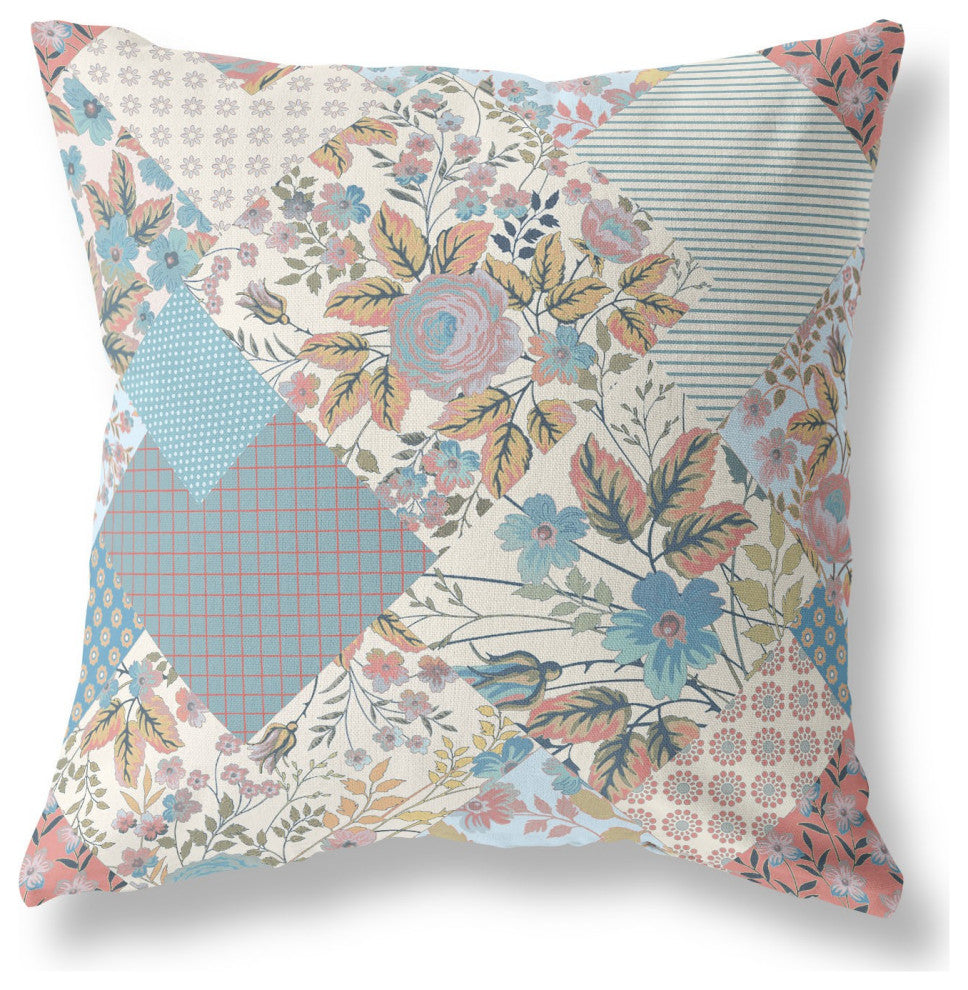 20" Gold Peach Boho Floral Indoor Outdoor Throw Pillow