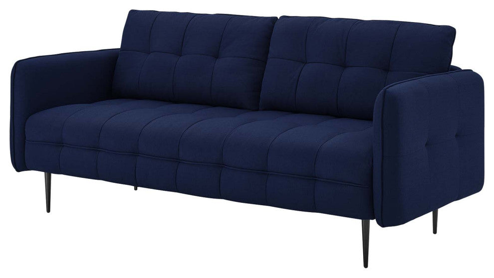 Tufted Sofa, Fabric, Dark Blue, Modern, Living Lounge Hotel Lobby Hospitality