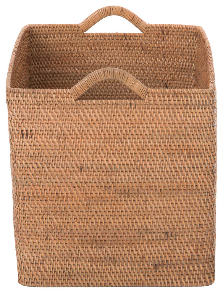 Loma Rectangular Tall Decorative Rattan Storage Basket with Ear Handles, Large, Honey Brown