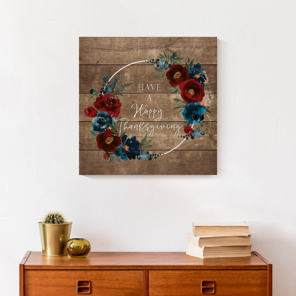 Happy Thanksgiving Floral Wreath 1 16"x16" Canvas Wall Art