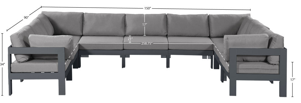 Nizuc Water Resistant Patio U-Shaped Modular Sectional, Gray, 9-Piece: 5 Armless Chair, 4 Corner Chair, Dark Gray Aluminum Frame