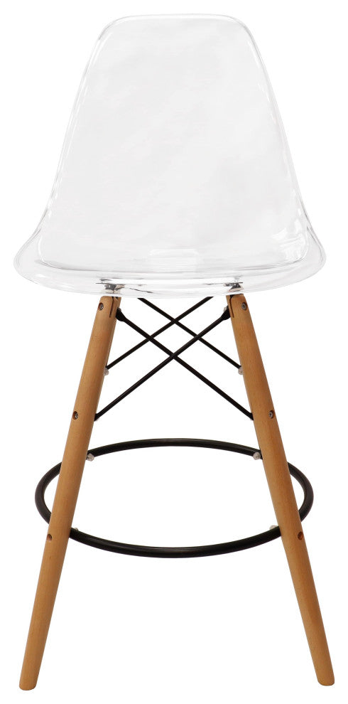 LeisureMod Dover Plastic Barstool With Beech Wood Legs and Footrest, Clear