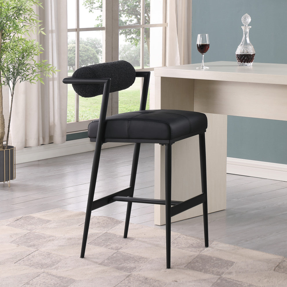 Stryker Boucle Fabric and Faux Leather Stool, Set of 2, Black