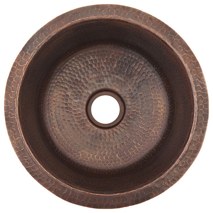 14" Round Hammered Copper Bar Sink With  2" Drain Size, Oil Rubbed Bronze, 2"