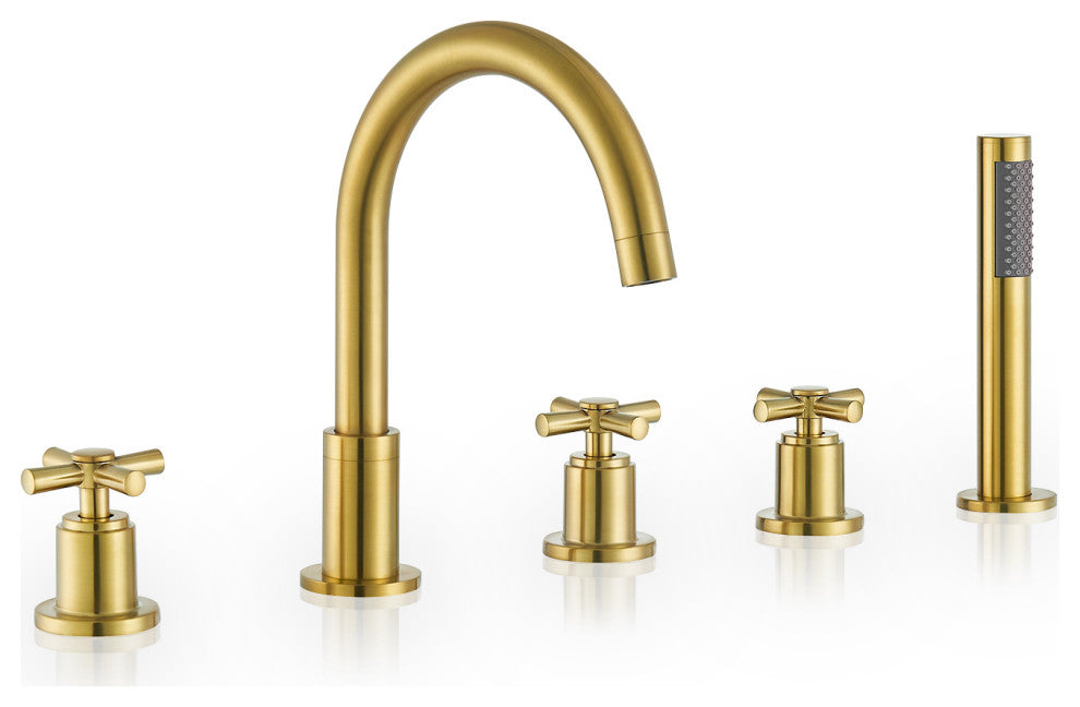 Sorlia Cross Handles Deck-Mount Roman Tub Faucet With Handshower, Brushed Gold