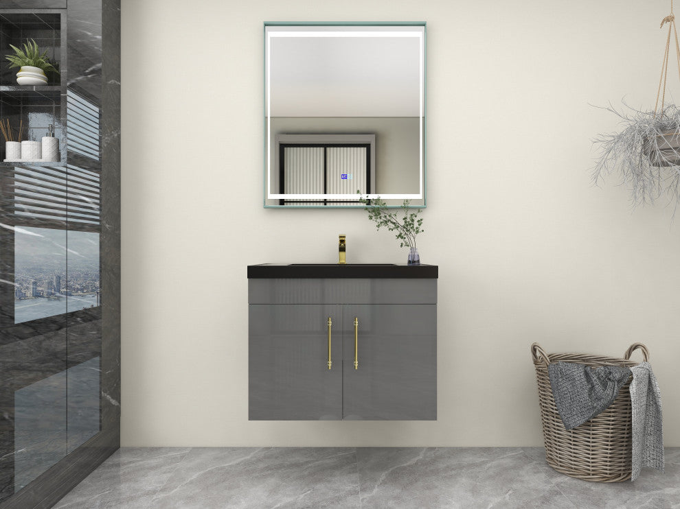 Rosa 30" Wall Mounted Modern Vanity, High Gloss Gray, Matt Black Top