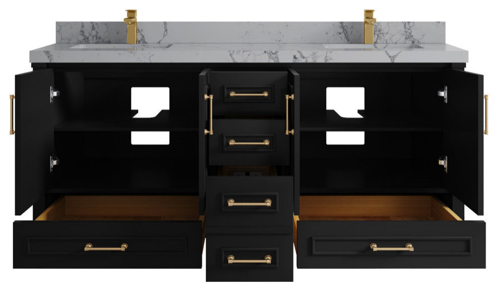 Aberdeen 72 Double Sink Bath Vanity in Black 2" Venatino Quartz