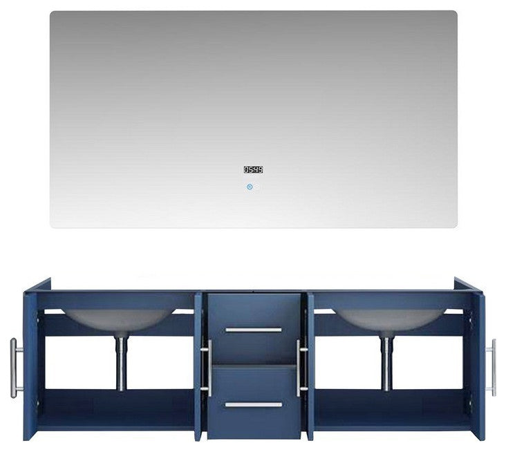 Geneva Transitional Navy Blue 60" Double Vanity with 60" Led Mirror, no Top