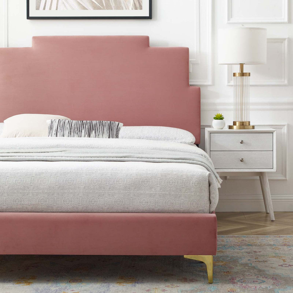 Platform Bed Frame, King Size, Velvet, Pink, Modern Contemporary, Bedroom Master
