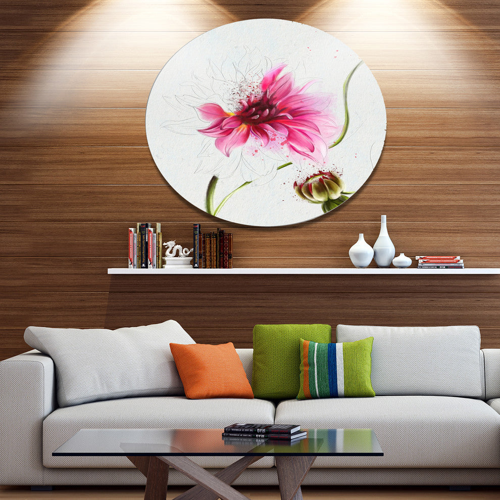 Pink Flower With Stem And Bud, Floral Round Metal Wall Art, 23"