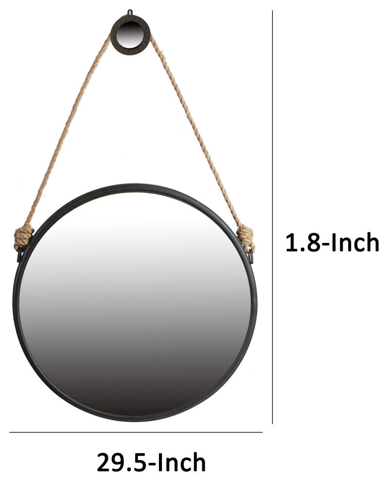 Benzara BM285535 30" Accent Wall Mirror With Rope Hanger & Black Metal Frame